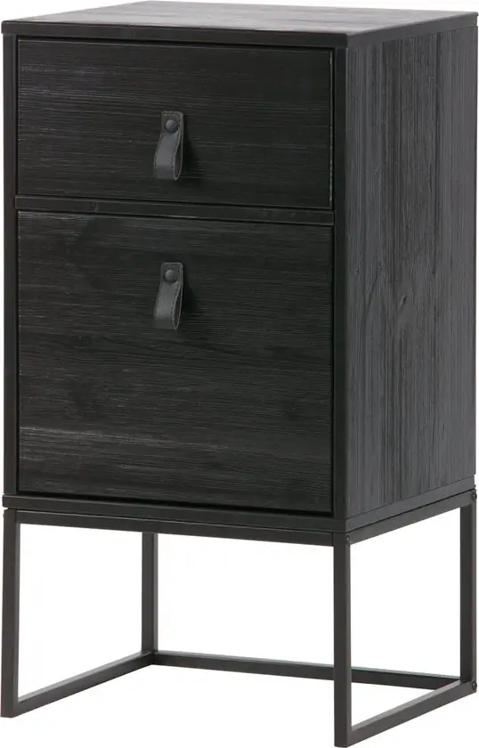WOOOD Zola Nachtkastje Incl. Lade En Deur - Grenenhout - Zwart - 74x40x35 — Zeer goed