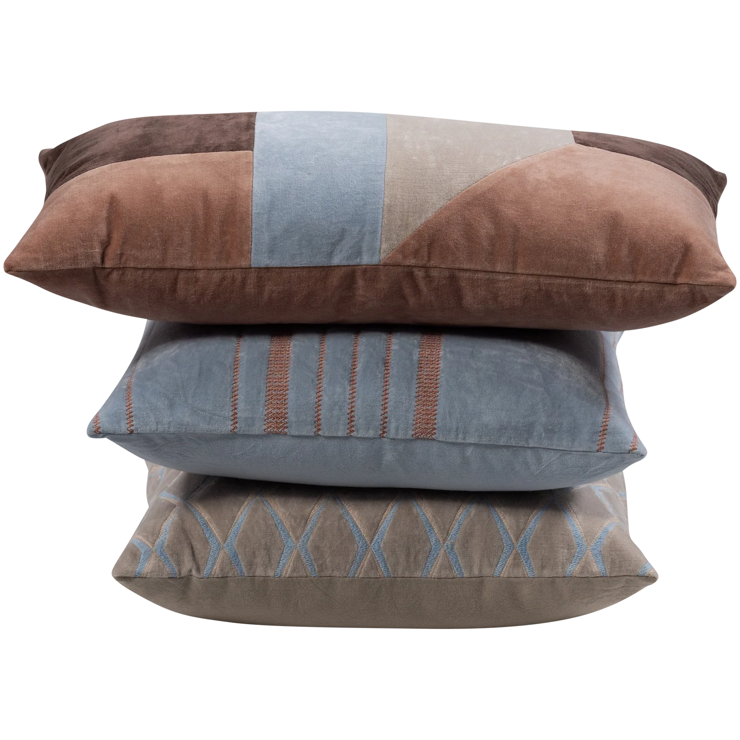WOOOD Laon Kussens - Velvet stof - Naturel/Blauw - Set Van 3