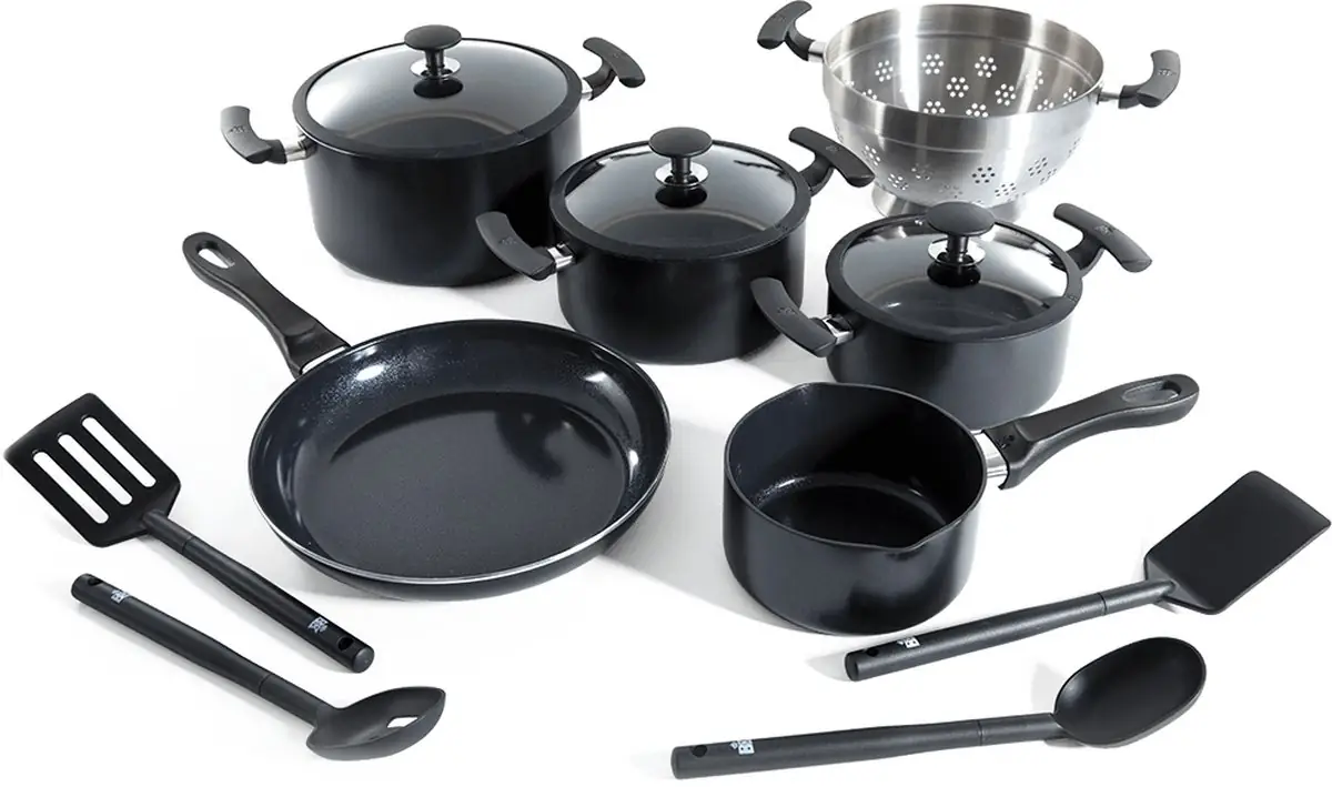 BK Vivid Keramische Antiaanbak Pannenset 13-delig - Ø16-28cm - Koekenpan - Hapjespan - PFAS-vrij – Inductie Pannenset – Ovenbestendig tot 160°C – Vaatwasserbestendig – Snelle opwarming – Koudgrepen - Zwart