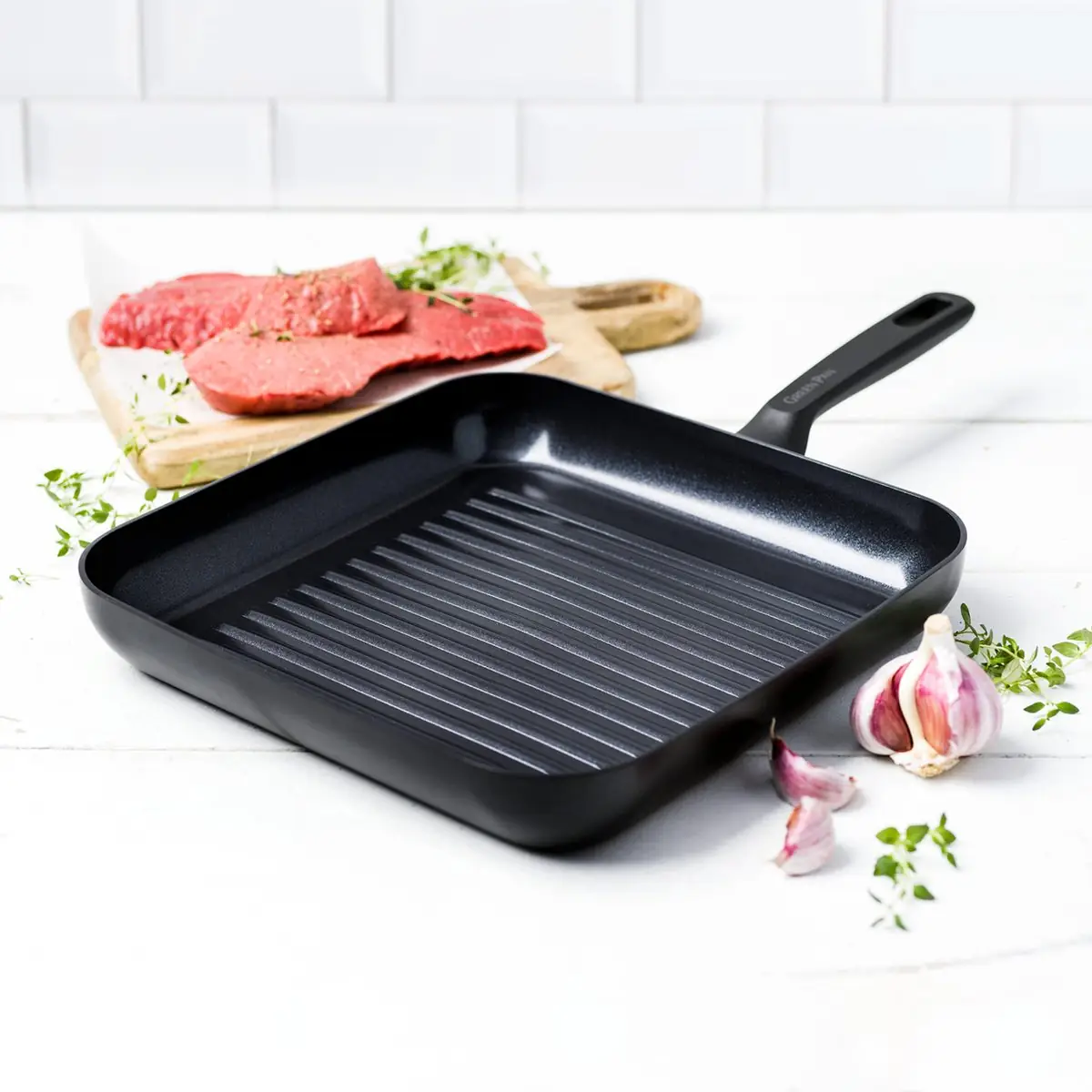 GreenPan Memphis keramische anti-aanbak vierkante grillpan 28 cm - inductie pan - inductie grillpan - ovenbestendig tot 160°C - vaatwasserbestendig - koelgrepen - zonder deksel - PFAS-vrij