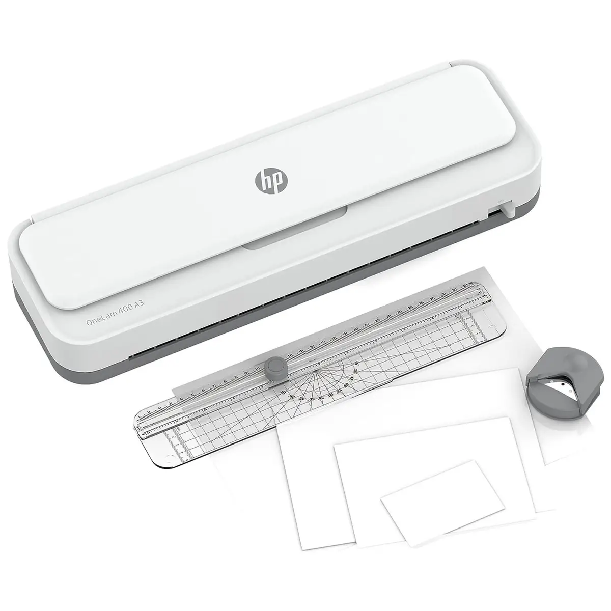 HP OneLam 400 A3 Lamineerapparaat - Visitekaartje tot DIN A3-formaat - incl. Snij liniaal/ Hoekschraper - 15-delige Starterset - Wit