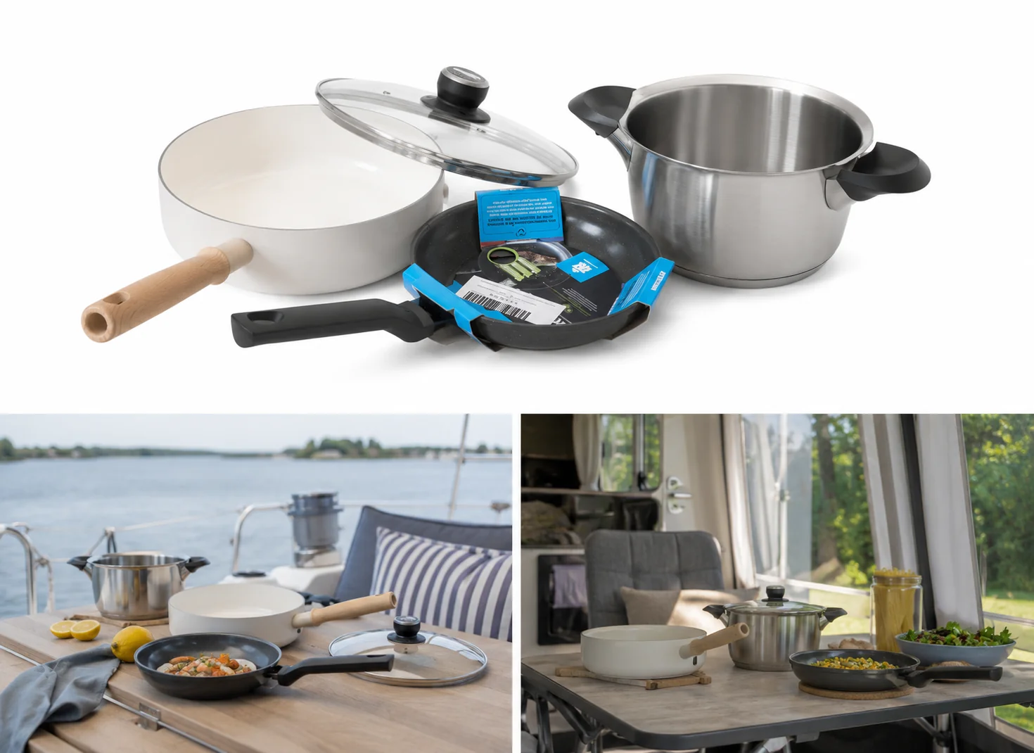 Pannenset Camping &amp; Boot 3-delig — Hapjespan, Koekenpan 24 cm &amp; Kookpan 20 cm — Zeer goed