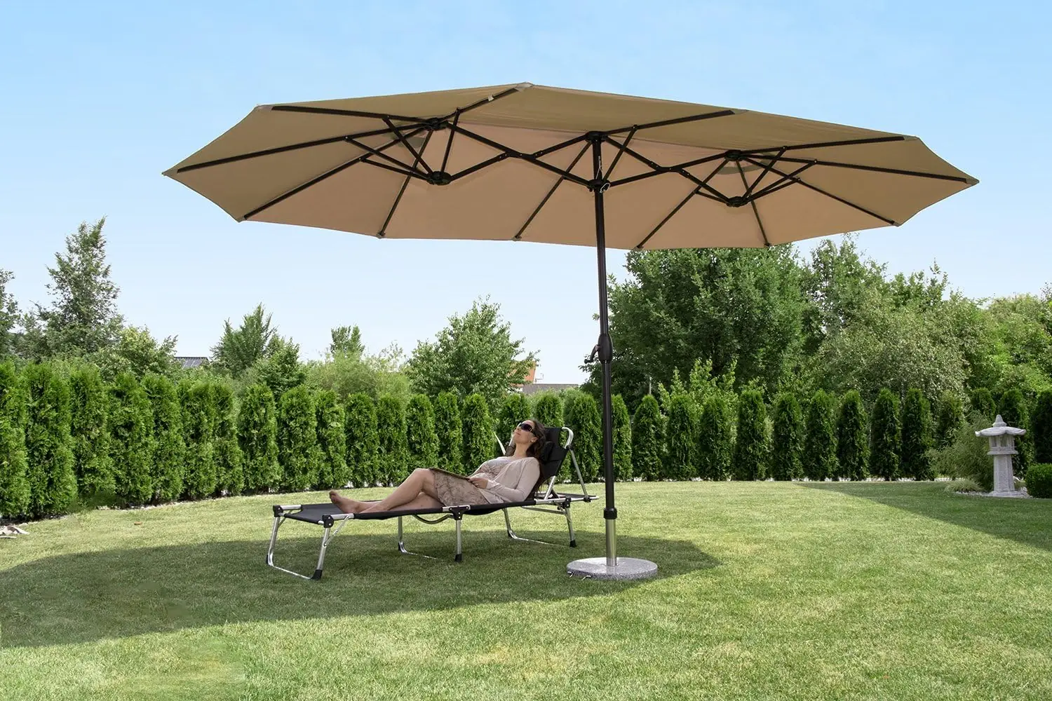 Sekey 36945089 270 × 460 cm aluminium dubbele parasol, grote parasol, ovale marktparasol, tuinparasol met zwengel, UV50+, taupe