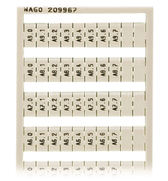 Wago Series209 - 209-967 / WSB-markeringskaart als kaart bedrukt wit, Codering rijgklem, verkoop per: 50 x 1 stuk - 4017332101721 | Kleur: Wit | Opdruk: Letters | Halogeenvrij: Ja | Codeerrichting: Verticaal | Rastermaat: 5 mm
